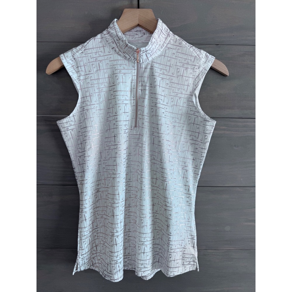 SanSoleil SolCool Golf Polo Top Womens Small White Rose Gold Metallic Zip UPF 50